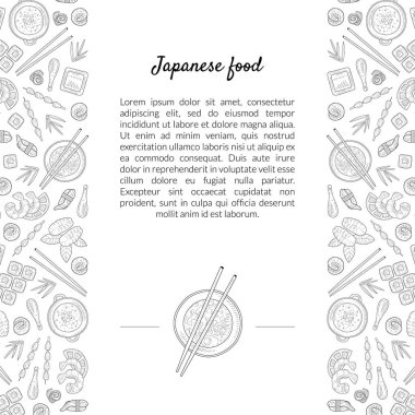 Metin ve Asya Mutfağı El Çizilmiş Desen, Restoran veya Cafe Menü Vektör İllüstrasyon için Kart Şablonu için Yer ile Japon Gıda Banner Şablonu