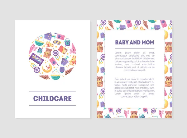 Plantillas de pancartas para bebés y madres con suministros de cuidado y lugar para texto, el elemento de diseño se puede usar para la página de destino, la aplicación móvil, el folleto, la ilustración de vectores de tarjetas de regalo — Vector de stock
