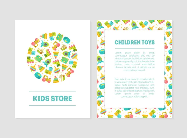 Kids Store Banner Templates with Cute Baby Toys and Place for Text, Design Element Can Be Used for Card, Label, Invitation, Certificate, Flyer, Coupon Vector Illustration — Stock Vector