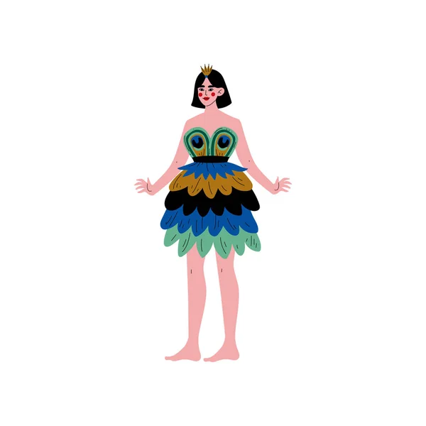 Mooie jonge vrouw dragen Peacock feather jurk vector illustratie — Stockvector