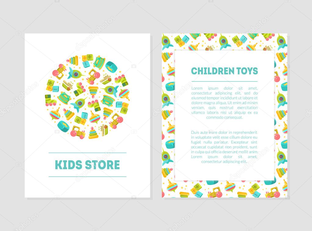 Kids Store Banner Templates with Cute Baby Toys and Place for Text, Design Element Can Be Used for Card, Label, Invitation, Certificate, Flyer, Coupon Vector Illustration