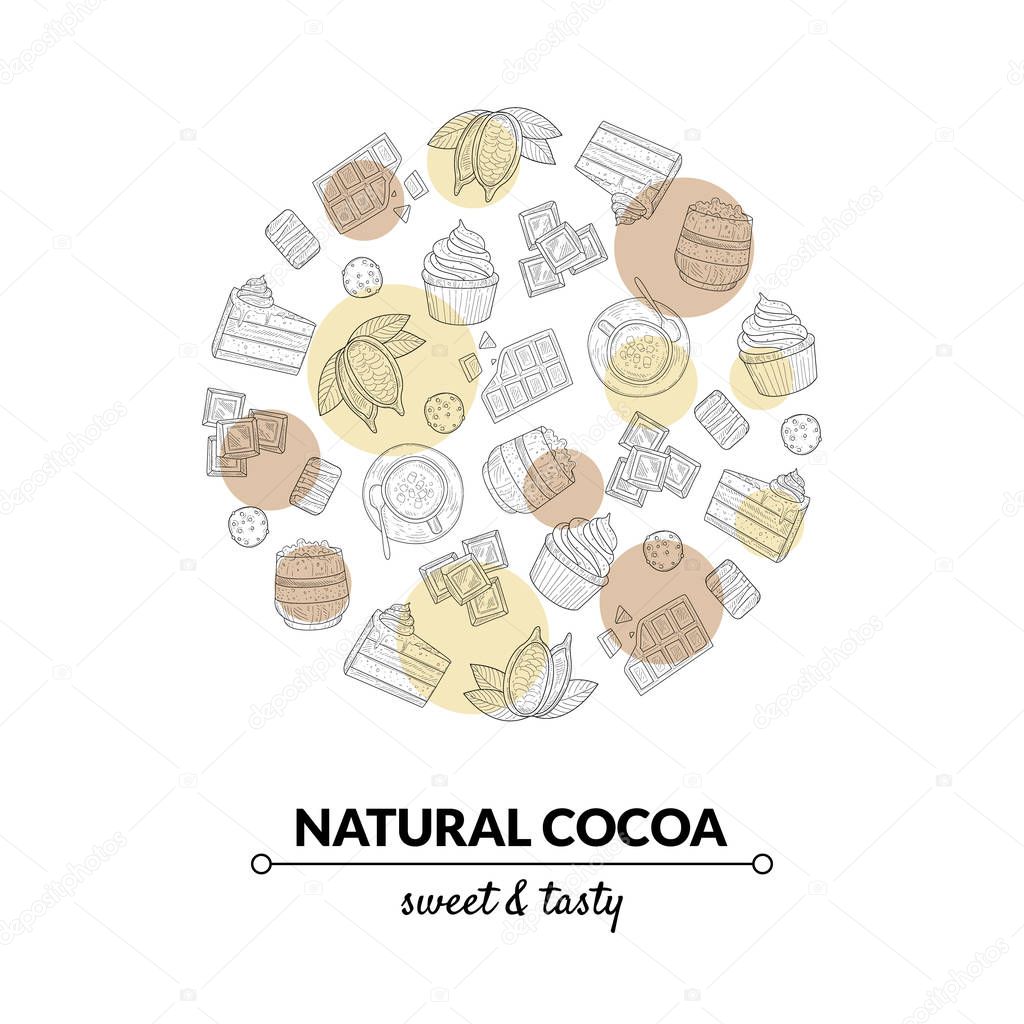 Natural Cocoa Banner Template with Chocolate Desserts Hand Drawn Pattern, Design Element Can Be Used Packaging, Label, Branding Identity, Certificate, Flyer, Coupon Vector Illustration