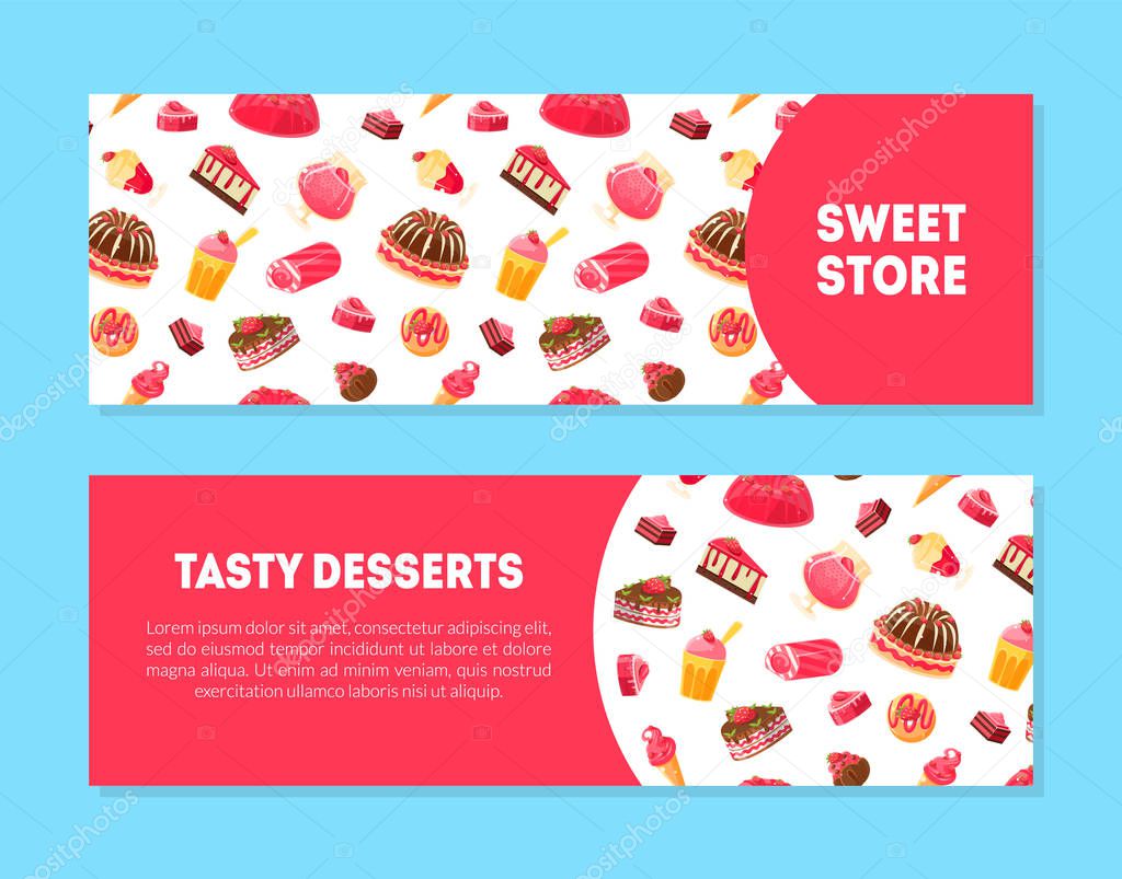 Sweet Store, Tasty Desserts Banner Templates Set with Sweets Pattern and Place for Text, Candy Shop, Cafe, Confectionery, Bakery Design Element Vector Illustration.