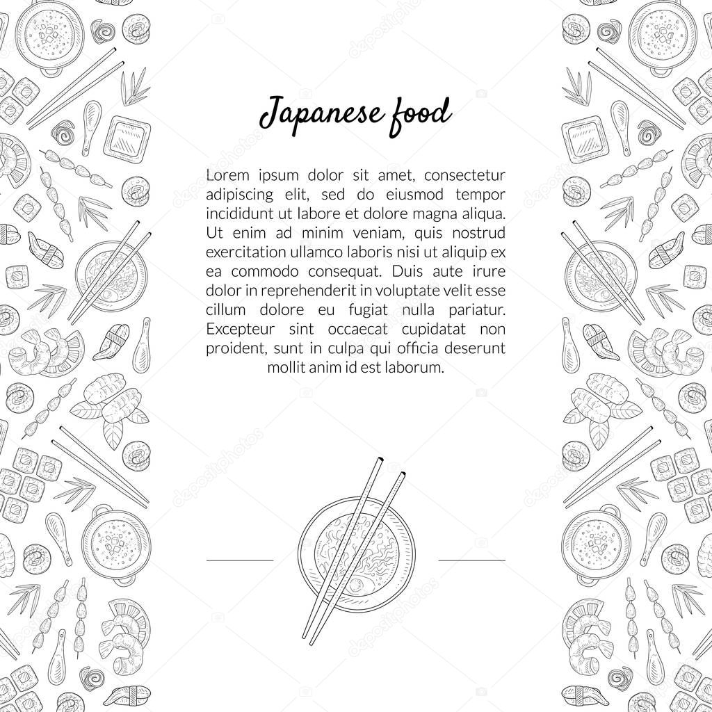 Japanese Food Banner Template with Place for Text and Asian Cuisine Hand Drawn Pattern, Card Template For Restaurant or Cafe Menu Vector Illustration