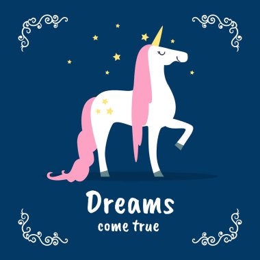 Dreams Come True Banner Şablonu, Lacivert Arka Planda Fairytale Magic Unicorn, Tasarım Elemanı Davetiye Kartı, El İlanı, Poster, Etiket, Broşür Vektör İllüstrasyon için Kullanılabilir