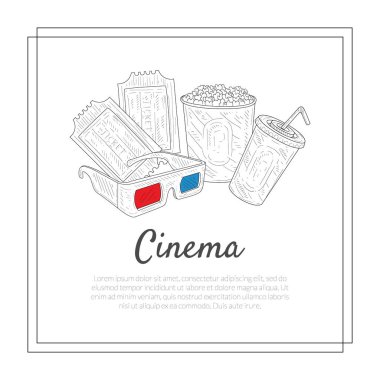 Sinema Afiş Şablonu, Biletler, 3d Gasses, Soda İçecek, Patlamış Mısır Film Sembolleri Vektör İllüstrasyon