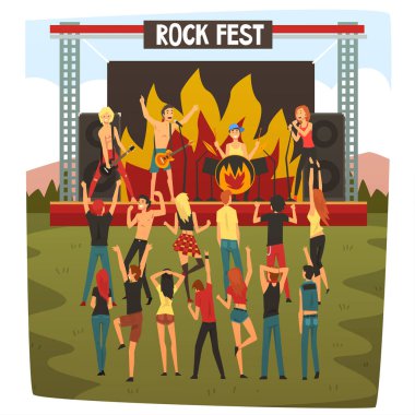 Rock Fest, Açık Hava Konseri, Rock Band Sahnede Performans, İnsanlar Dans ve Grup ile Sahne Yanında Açık Having, Açık Yaz Müzik Festivali Vektör İllüstrasyon
