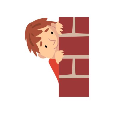 Boy Tuğla Duvar ve Peeping Karikatür Vektör İllüstrasyon Arkasında Gizleme