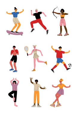 Farklı Spor Yapan Gençlerin Koleksiyonu, Spor Malzemeleri ile Spor Giyimde Profesyonel Sporcular Karakterleri, Aktif Sağlıklı Yaşam Tarzı Vektör İllüstrasyonu