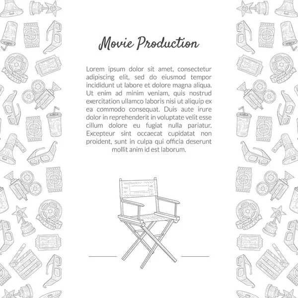 Modelli di banner per la produzione di film con spazio per simboli dell'industria del testo e del cinema Illustrazione vettoriale disegnata a mano — Vettoriale Stock