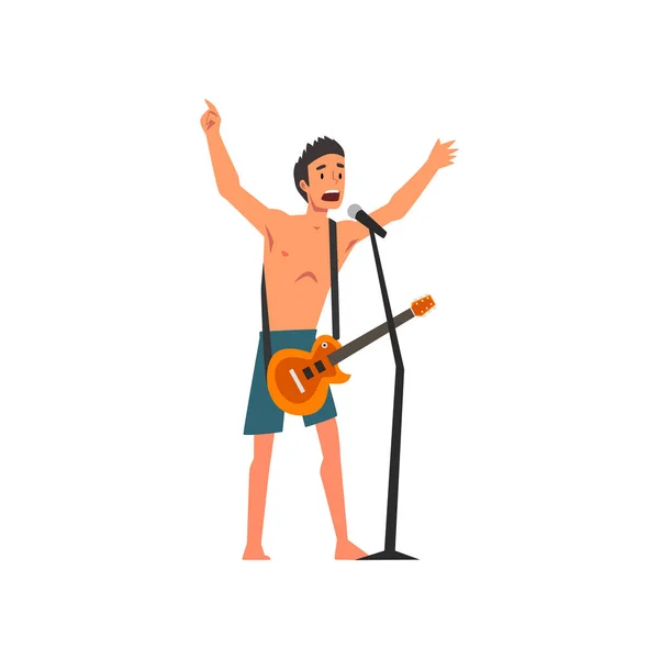 Muzyk rockowy grający na gitarze i śpiewu z mikrofonem na wolnym powietrzu koncert, Rock Fest, outdoor festiwal muzyki lato Vector ilustracji — Wektor stockowy