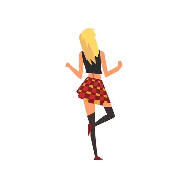 Девушка-блондинка танцует и веселится на открытом воздухе, рок-фестивале, летнем музыкальном фестивале под открытым небом, смотре с заднего вектора — стоковый вектор
