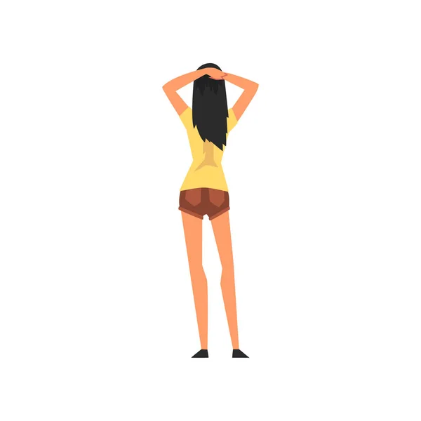 Girl Listening to Music Throwing Hands Behind the Head (em inglês) no Open Air Concert, Rock Fest, Outdoor Summer Music Festival, View From the Back Vector Illustration —  Vetores de Stock