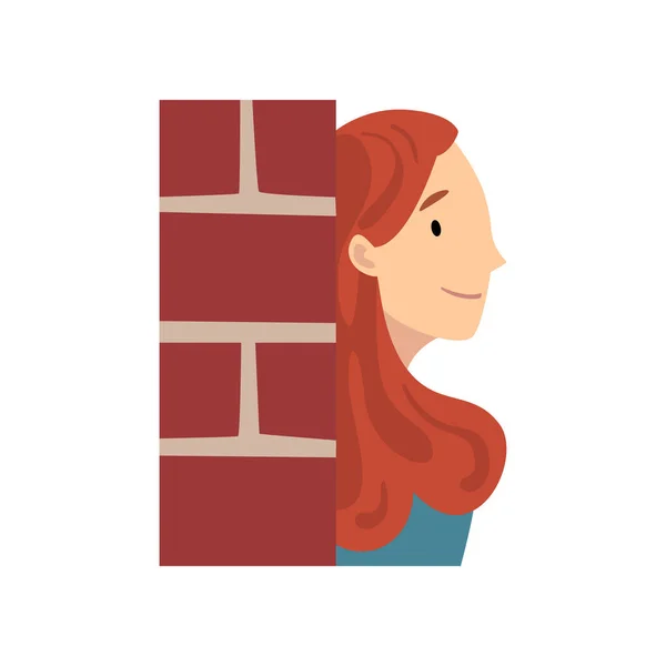 Дівчина ховається за цегляною стіною і підглядання мультфільм Векторна ілюстрація — стоковий вектор