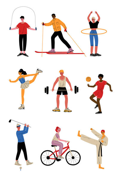Collection of People Doing Different Kinds of Sports, Female and Male Professional Athletes Characters in Sportswear, Active Healthy Lifestyle Vector Illustration