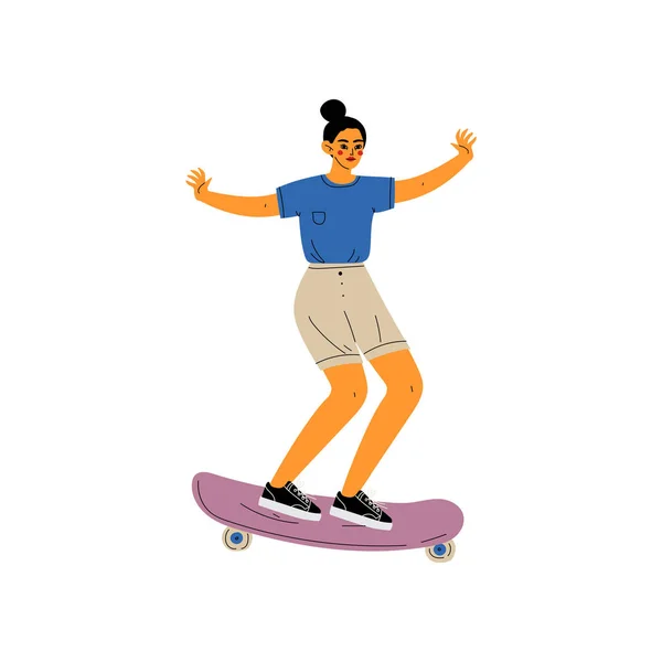 Girl Riding Skateboard, Carattere femminile dello skateboarder, Illustrazione vettoriale di stile di vita sano attivo — Vettoriale Stock