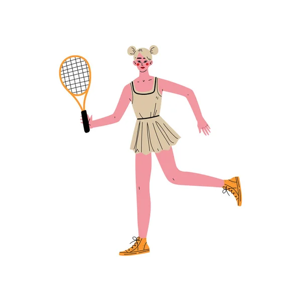 Mujer joven jugando al tenis, personaje femenino atleta profesional en ropa deportiva con raqueta de tenis, estilo de vida saludable activo Vector Illustration — Archivo Imágenes Vectoriales