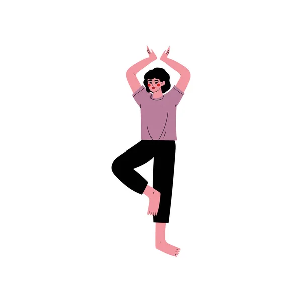 Jonge vrouw die Yoga in Boom Pose, Lichaamstraining, Actieve Gezonde Lifestyle Vector Illustratie oefent — Stockvector