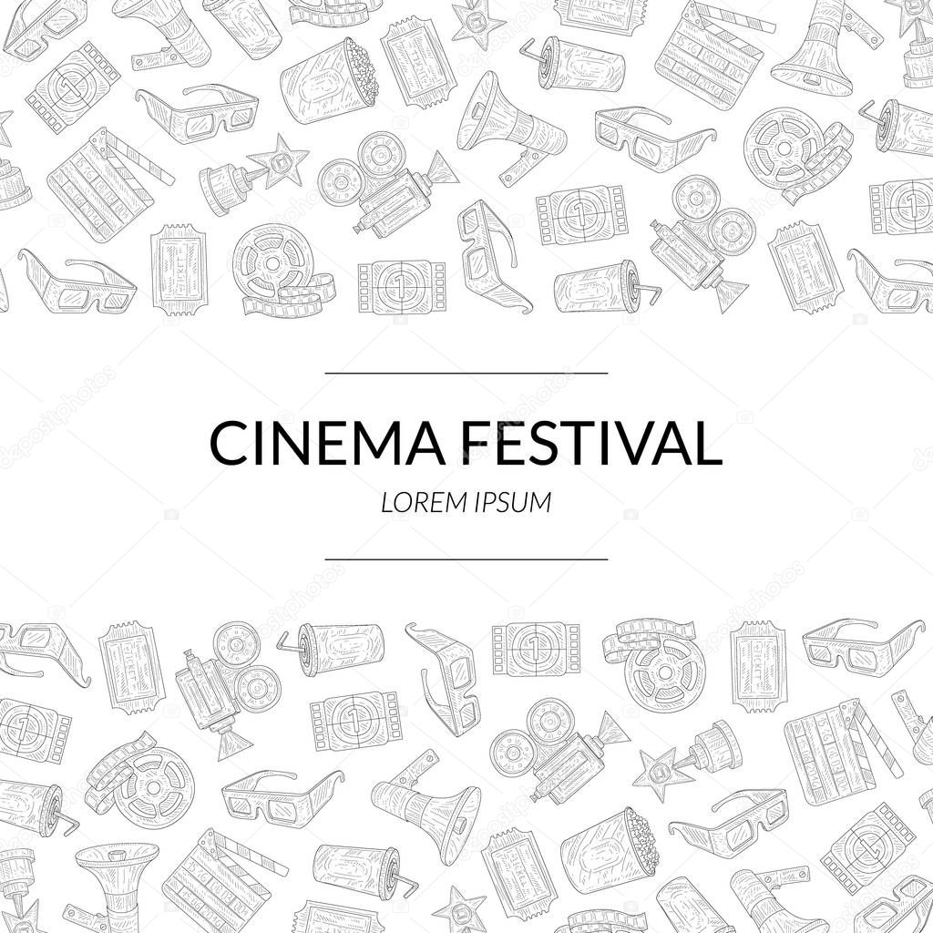 Cinema Festival Banner Template with Place for Text and Movie Production Symbols Hand Drawn Pattern Vector Illustration