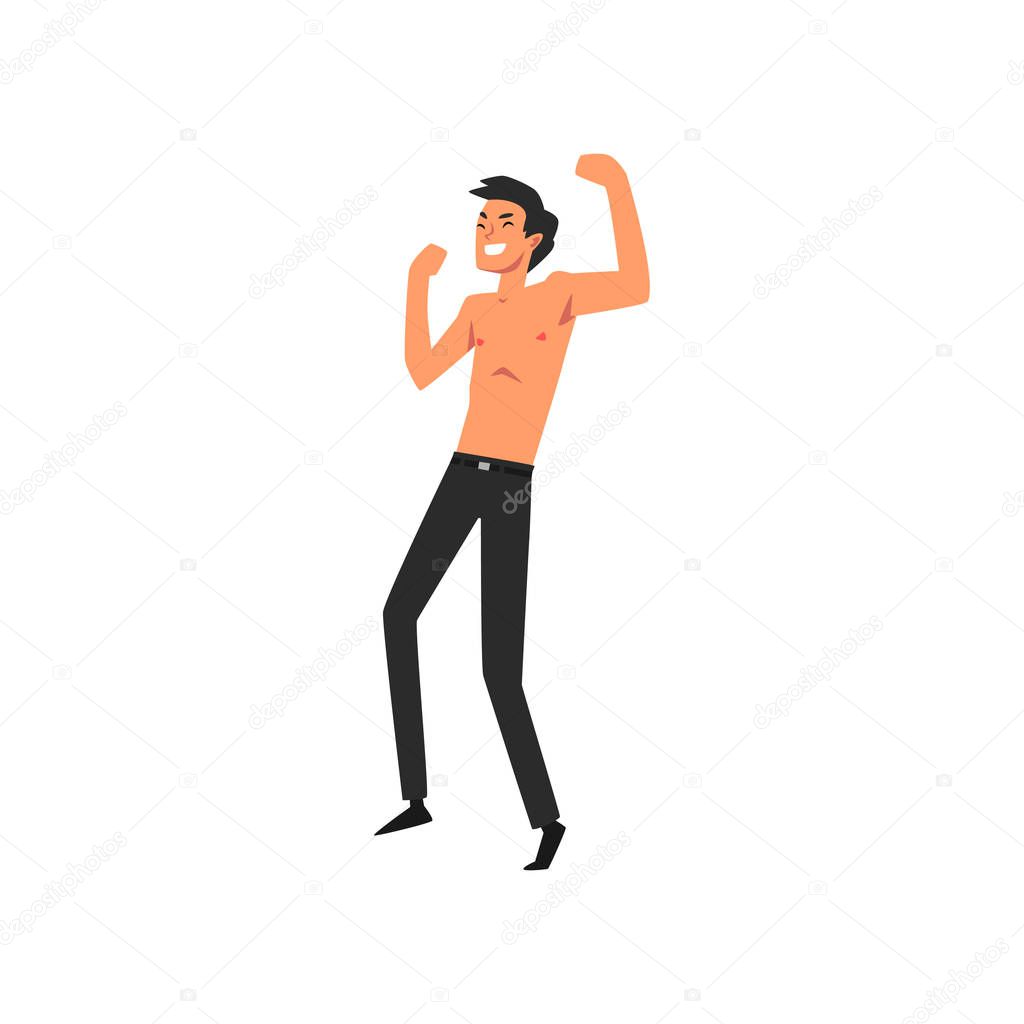 Young Man with Bare Chest Dancing and Having Fun at Open Air Concert, Rock Fest, Outdoor Summer Music Festival Vector Illustration