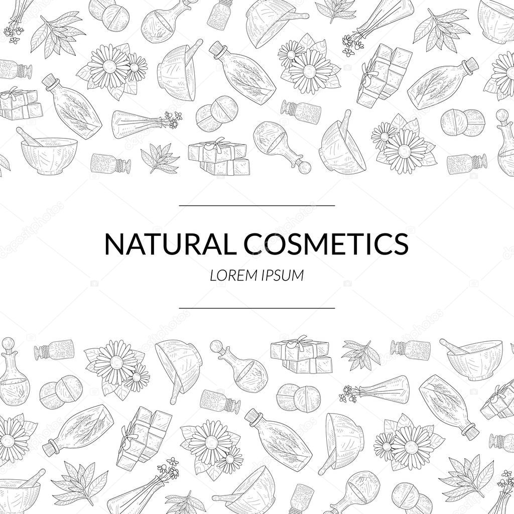 Natural Cosmetics Banner Template, Eco Organic Beauty Care Products Hand Drawn Pattern, Design Element Can Be Used for Packaging, Branding Identity, Brochure Vector Illustration