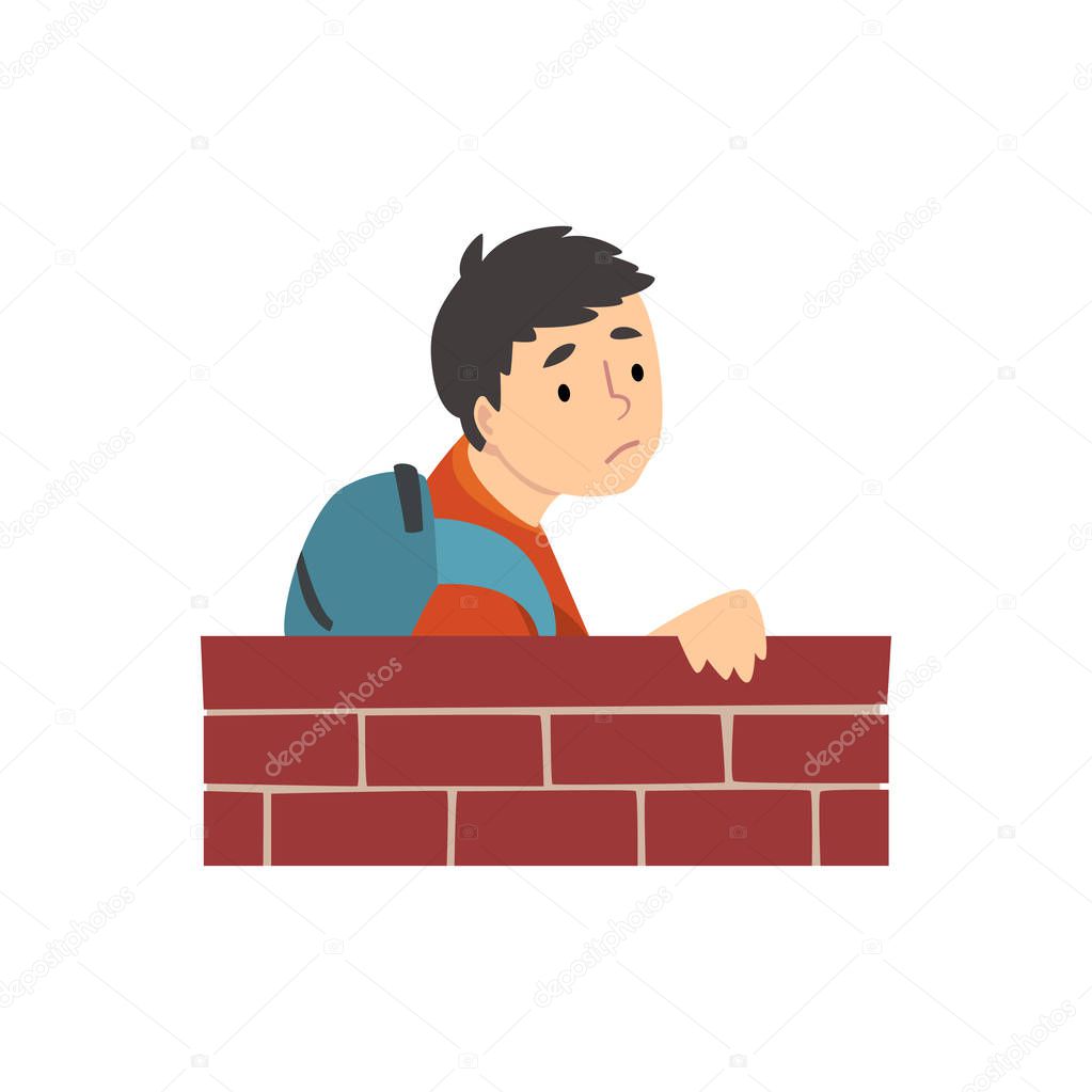 Teen Boy with Backpack Standing Behind Brick Wall Cartoon Vector Illustration