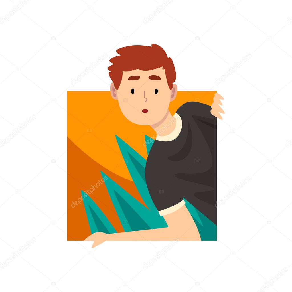 Curious Young Man Looking Out Square Shape Cartoon Vector Illustration