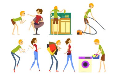 Kılıbık adam ayarla, kocanın karısı, beyaz bir arka plan üzerinde ev karikatür vektör çizimler yapıyor househusband hakim