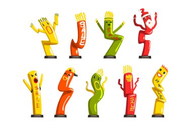 Colorful dancing inflatable tube men set with waving hands vector Illustrations on a white background
