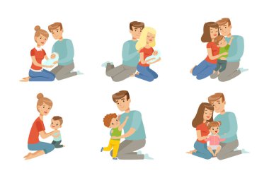 Çocukları kucaklayan mutlu ebeveynler, anne ve babası çocuklarını sarılmak, mutlu aile kavramı vektör beyaz bir arka planda Illustration