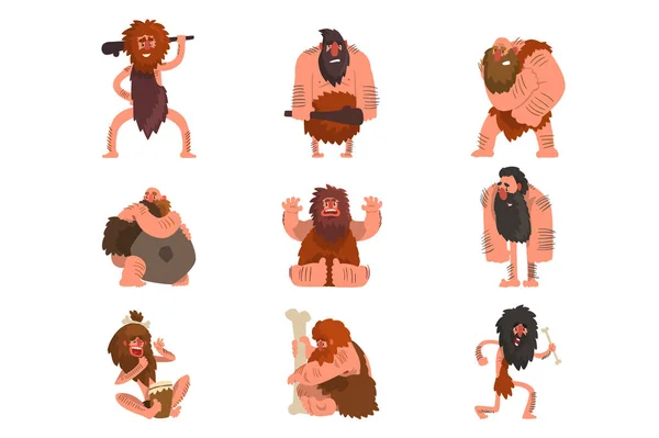 Primitivní cavemen set, kamenné pravěkého člověka kreslený charakter vektorové ilustrace na bílém pozadí — Stockový vektor