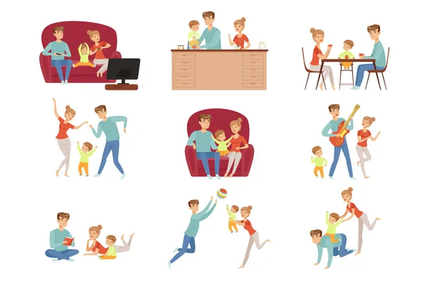 Mama, Papa und ihr kleiner Sohn verbringen Zeit miteinander am Set, glückliche Familie und Elternschaft Konzeptvektorillustration auf weißem Hintergrund — Stockvektor