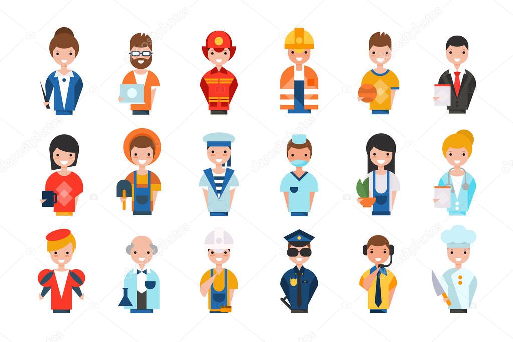People of different professions set, working people avatars, teacher, system administrator, fireman, farmer, scientist, actor, builder vector Illustrations