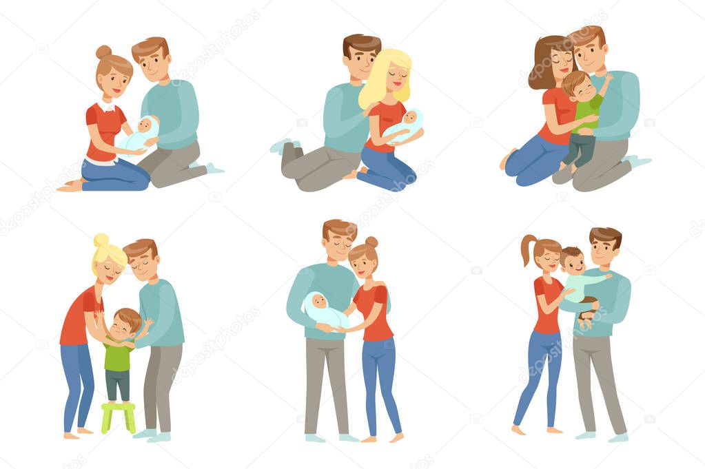 Happy parents embracing their kids set, mother and father hugging their children, happy family concept vector Illustration on a white background