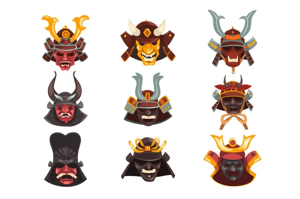 Conjunto de máscaras de guerra de guerreiros samurais antigos, símbolos do tradicional vetor de cultura japonesa Ilustração em um fundo branco —  Vetores de Stock