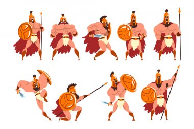Spartan warriors in golden armor and red cape set, ancient soldiers characters vector Illustrations on a white background clipart