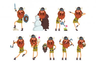Beyaz bir arka plan üzerinde farklı durumlarda vektör çizim geleneksel giysiler içinde cabukşalterli, İskandinav savaşçı Viking çizgi film karakterleri