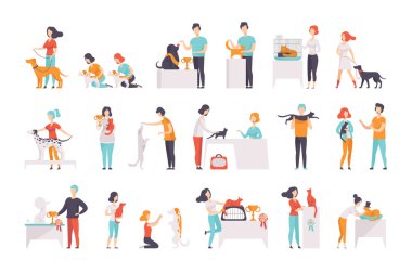 Kedi doğurmak göstermek, onların pets, sunma sahipleri sergi vektör çizimler beyaz bir arka plan üzerinde göster.