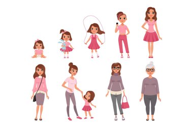 Hayat döngüleri kadın, kadın vektör çizim bebekten büyümenin aşamaları