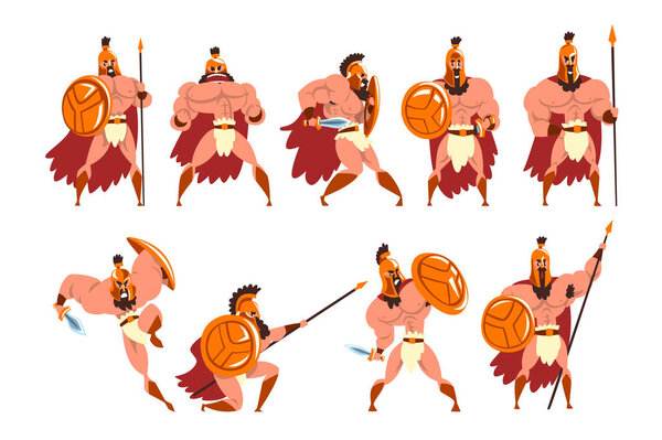 Spartan warriors in golden armor and red cape set, ancient soldiers characters vector Illustrations on a white background