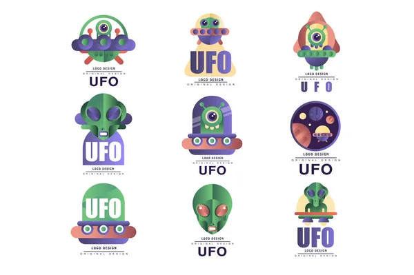 Ufo logo original design set, emblem with alien and saucer vector Illustrations on a white background — Stock Vector