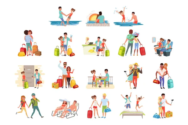 Mensen reizen set, vector familie paar met bagage op vakantie illustraties op een witte achtergrond — Stockvector