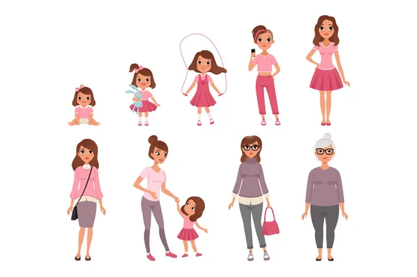 Cicli di vita della donna, fasi di crescita da bambino a donna vettoriale Illustrazione — Vettoriale Stock