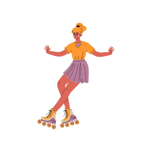 Chica patinadora, Atleta femenina montando en patines, Estilo de vida saludable activo Vector Ilustración — Archivo Imágenes Vectoriales