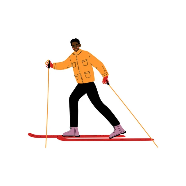 Чоловік на лижах, чоловік афроамериканський спортсмен, зимовий спорт, активний здоровий спосіб життя Векторні ілюстрації — стоковий вектор