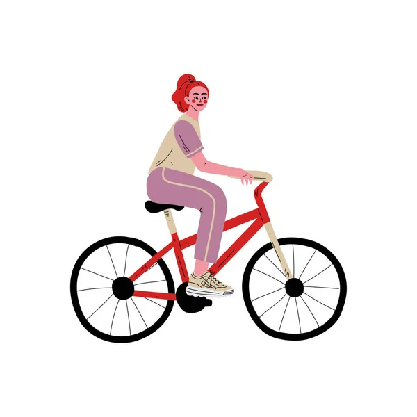Bicicleta de montar de mujer joven, carácter ciclista atleta femenino en ropa deportiva, estilo de vida saludable activo Vector Illustration — Vector de stock