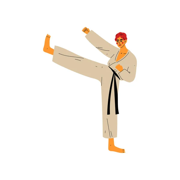 Karate Fighter Fazendo Pontapé Poderoso, Personagem Atleta Masculino em Kimono Fighting, Estilo de Vida Saudável Ativo, Japão Tradicional Martial Art Vector Ilustração — Vetor de Stock