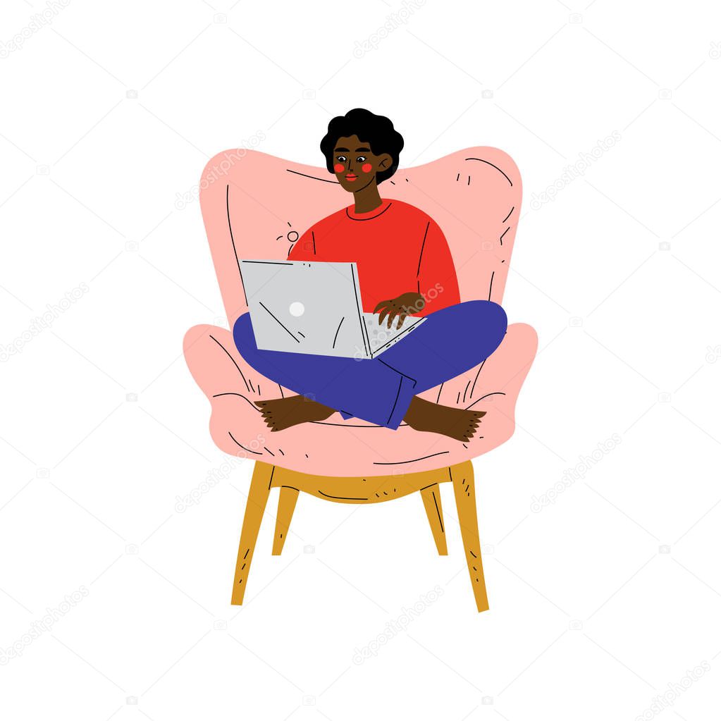 Young African American Woman Sitting in Armchair Using Laptop Computer, Girl Working or Relaxing at Home Using Computer Vector Illustration
