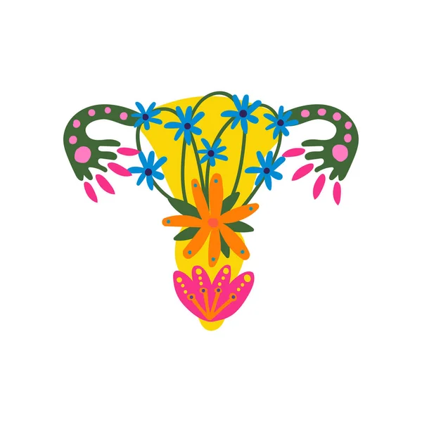 Beauty Female Reproductive System with Blooming Flowers, Uterus and Womb Woman Organs Vector Illustration (dalam bahasa Inggris). - Stok Vektor
