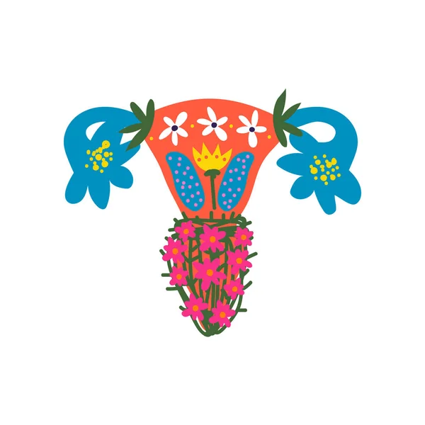Beauty Female Reproductive System with Blooming Flowers, Uterus and Womb Woman Healthy Organs Vector Illustration (dalam bahasa Inggris). - Stok Vektor